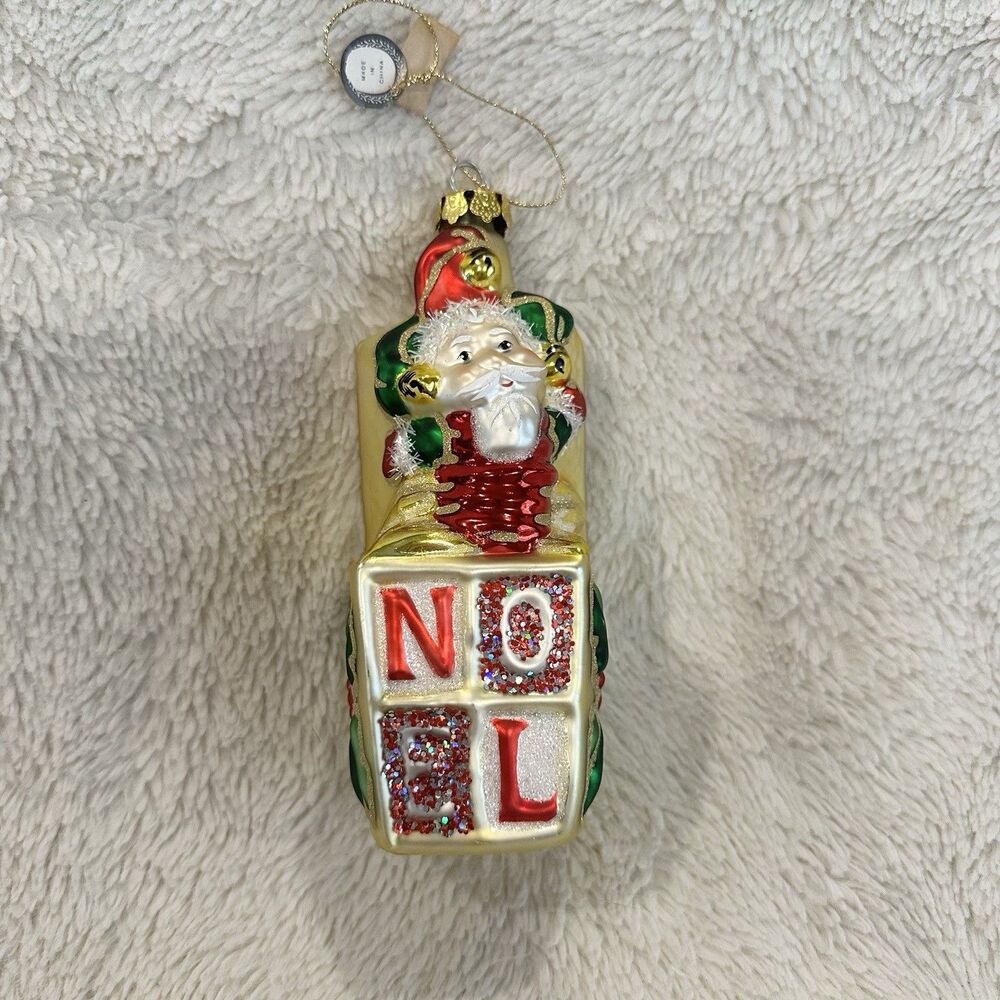 BRN Santa Jack In The Box Noel 6” Gold Blown Ornament Christmas Tree Decor